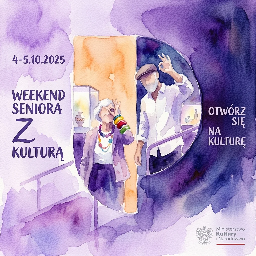 Watercolor illustration of elderly visitors exploring a museum exhibit during the 'Weekend Seniora z Kulturą' event, with text indicating free admission for seniors on October 4-5, 2025.