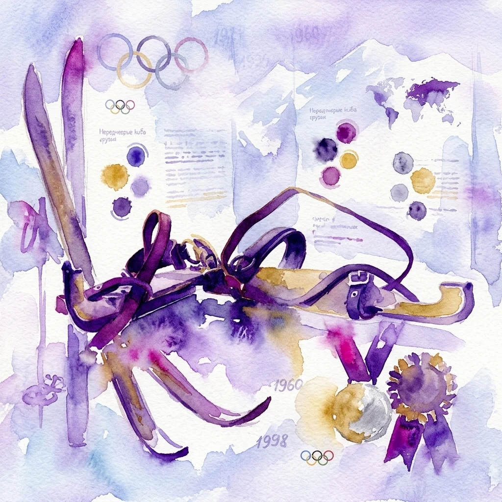 Ilustracja akwarelowa pamiątek z zimowych igrzysk olimpijskich, w tym nart, łyżew, medali i kół olimpijskich, na tle ośnieżonej góry z historycznymi datami i tekstem.