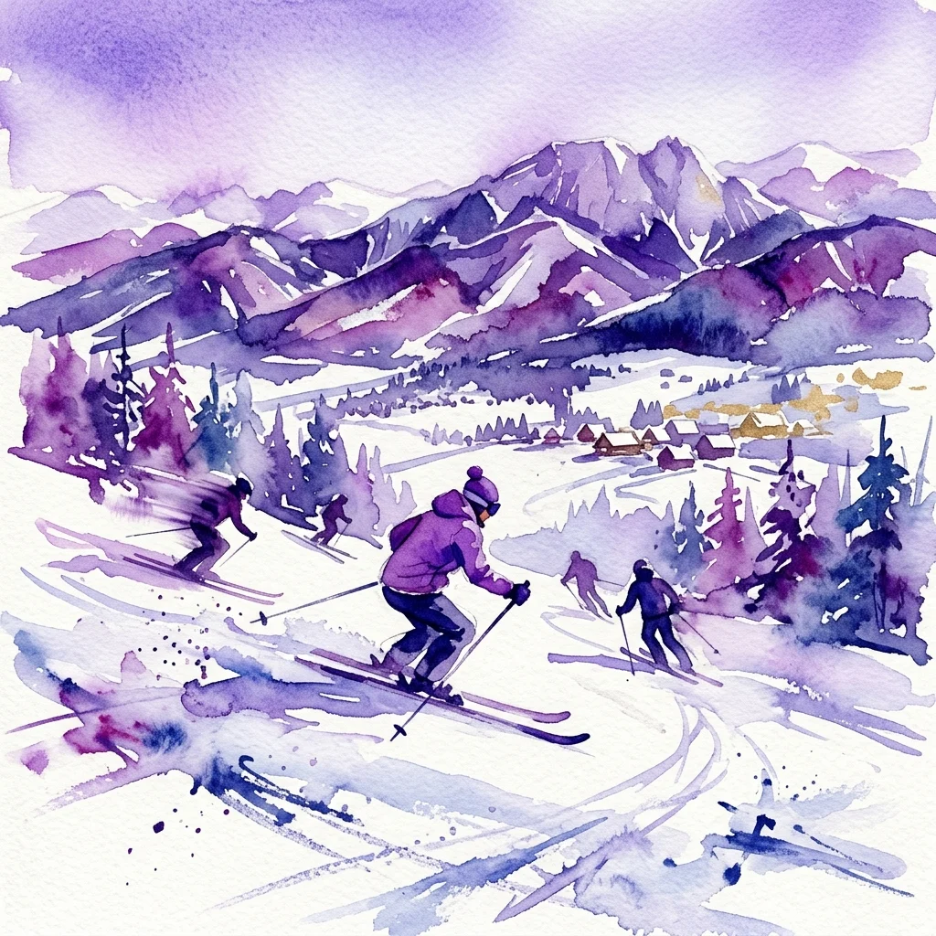 Watercolor painting of skiers on a snowy mountain slope with purple and blue hues, depicting winter sports in Polish art.