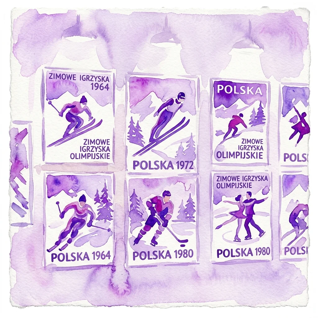 Ilustración en acuarela de carteles vintage polacos de deportes de invierno de los Juegos Olímpicos de Invierno de 1964, 1972 y 1980, con atletas de esquí, hockey sobre hielo y patinaje artístico en paisajes nevados.