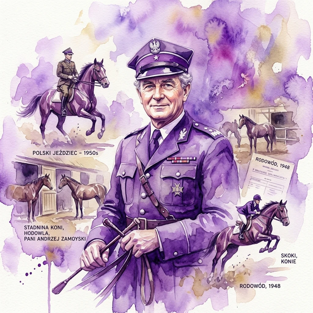 Ilustracja akwarelowa Władysława Byszewskiego w mundurze wojskowym, otoczona zabytkowymi zdjęciami jeździectwa i hodowli koni, upamiętniająca jego życie jako polskiego jeźdźca i hodowcy koni.