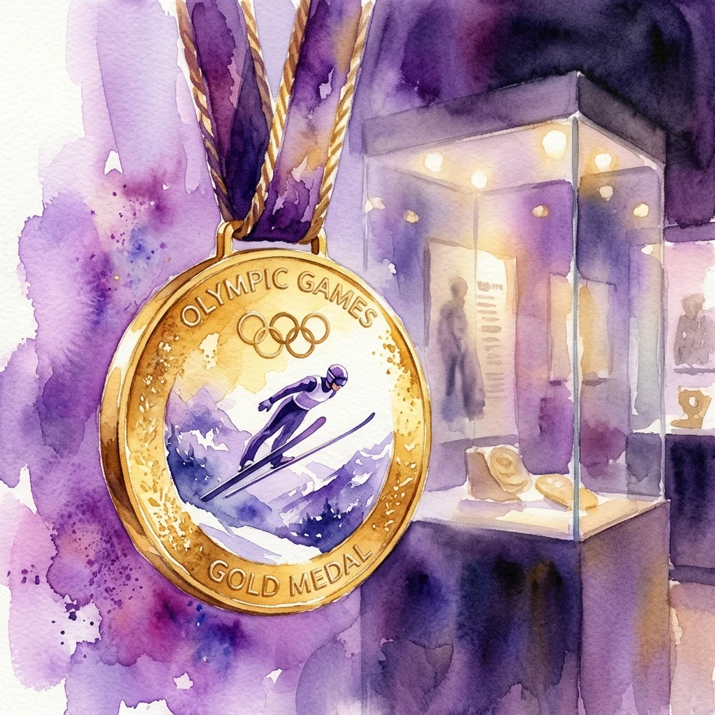 Ilustracja akwarelowa złotego medalu olimpijskiego Wojciecha Fortuny z Zimowych Igrzysk Olimpijskich w Sapporo w 1972 roku, eksponowana w muzealnej gablocie z fioletowym oświetleniem.