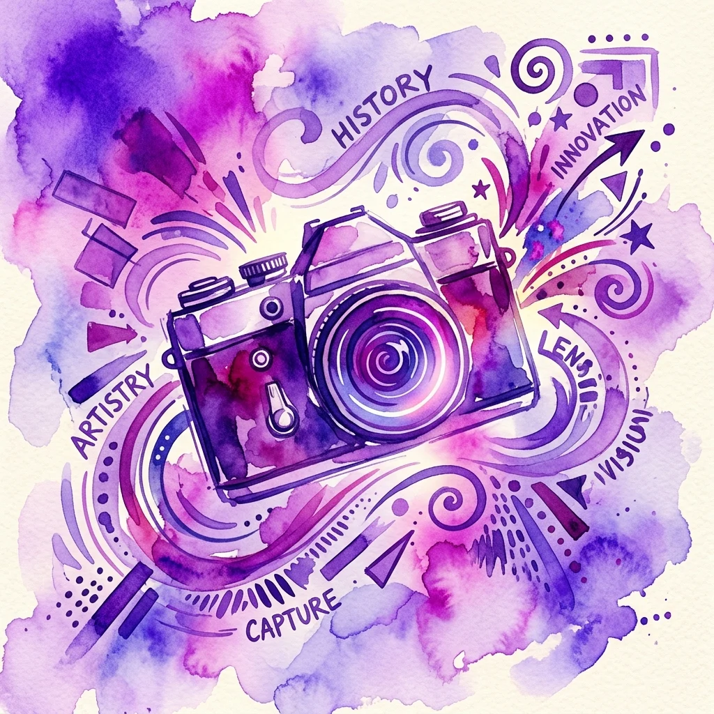 Ilustracja akwarelowa vintage aparatu otoczona słowami takimi jak 'historia', 'innowacja', 'artyzm' i 'uchwycenie', przywołująca artystyczną i fotograficzną twórczość Wojciecha Zamecznika.