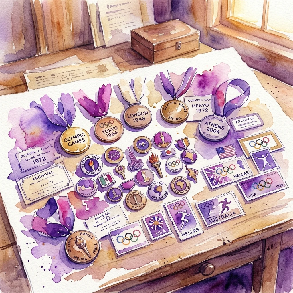 A watercolor illustration of Olympic memorabilia including medals, pins, stamps, and archival documents from various Olympic Games such as Tokyo 1964, London 1948, and Athens 2004, displayed on a wooden table.
