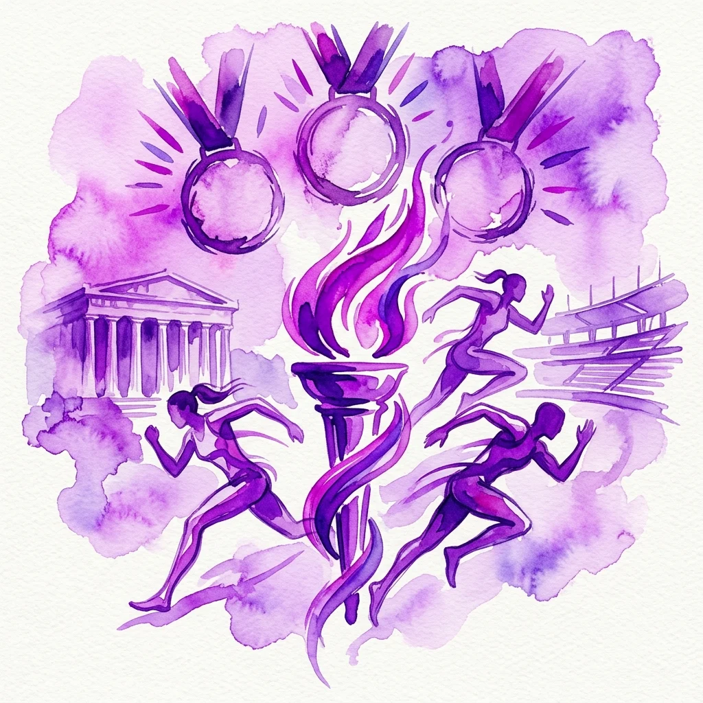 Een paarse aquarelillustratie met Olympische symbolen: rennende atleten, een fakkel, medailles, een klassieke tempel en een stadion, die de geest van de 3e Europese Spelen Krakow-Małopolska 2023 vertegenwoordigen.