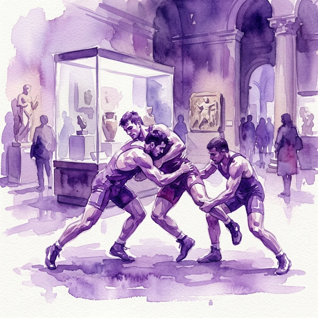 Waterverfillustratie van worstelaars in actie in een museumgalerij, omringd door klassieke sculpturen en bezoekers, die een historisch en atletisch thema oproepen.