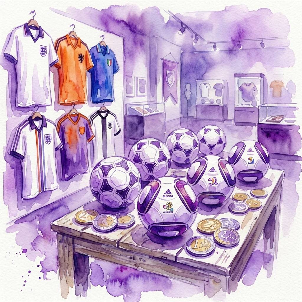 A watercolor illustration of a museum exhibit featuring football jerseys, official tournament balls, and commemorative coins from past European Championships, displayed in a gallery setting.