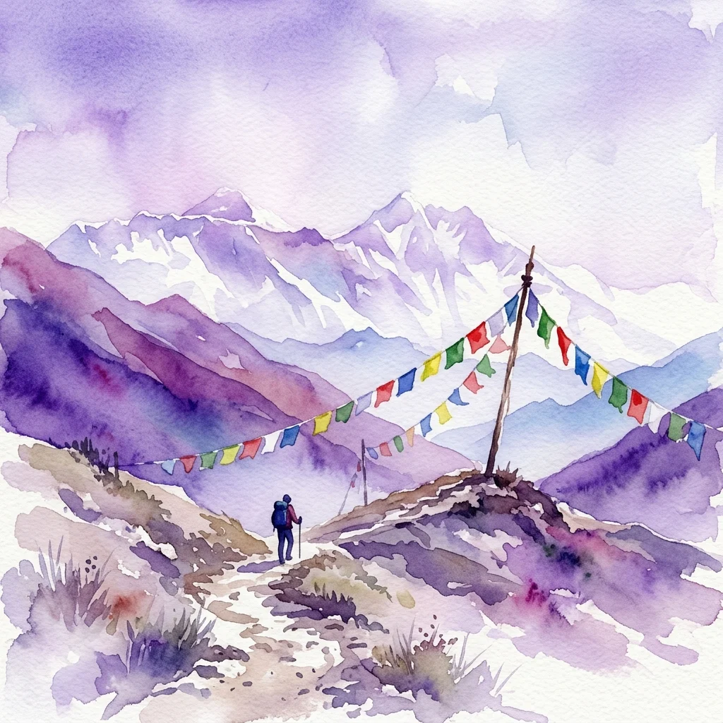 A watercolor painting of a trekker walking on a mountain path with prayer flags and snow-capped peaks in the background, representing Jacek Rępalski's photography exhibition on Nepal.