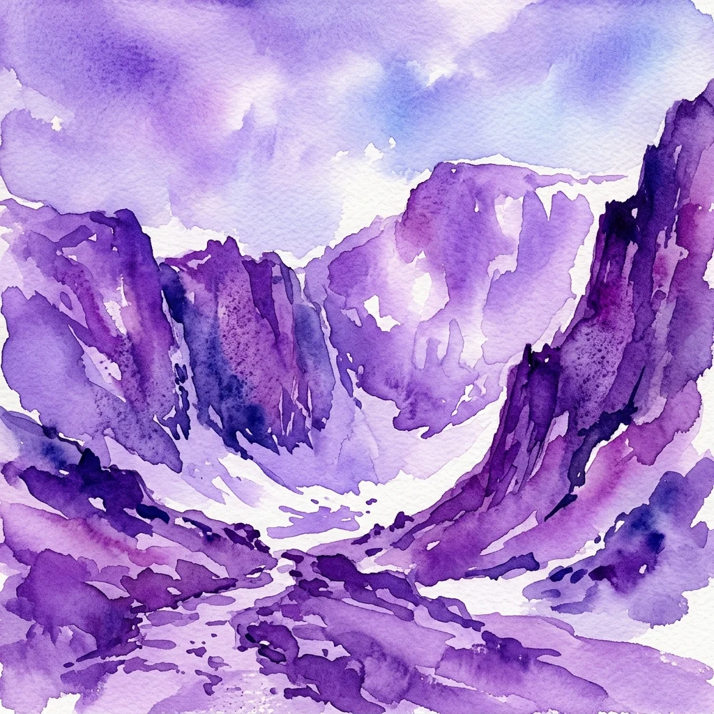 Aquarel van ruige bergtoppen in paars- en blauwtinten, die de Śnieżne Kotły-regio afbeelden, een belangrijke locatie voor Wanda Rutkiewicz' vroege beklimmingen.