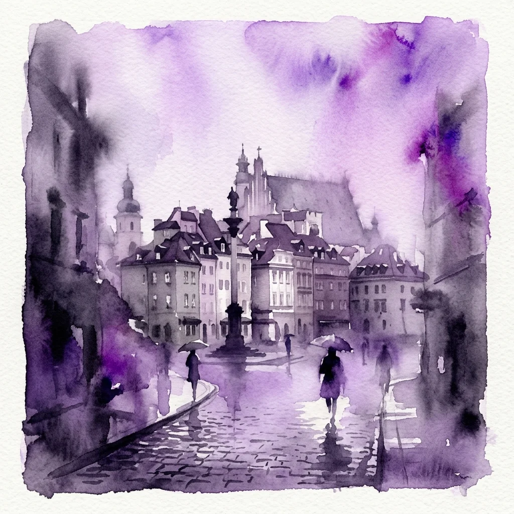 Een aquarel in paars- en zwarttinten die een regenachtig straatbeeld in Warschau uitbeeldt met kinderkopjes, historische gebouwen en mensen met paraplu's.