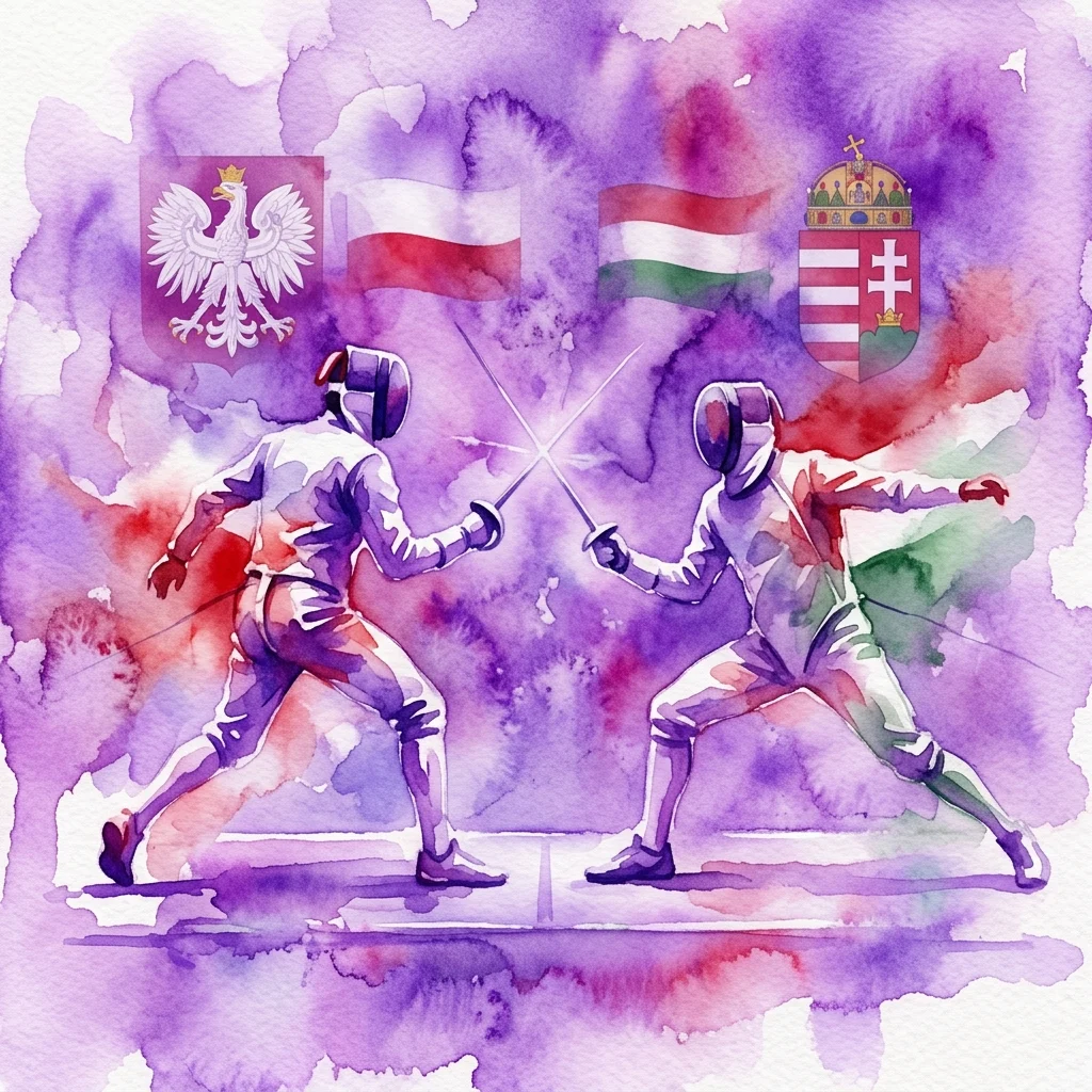 Watercolor illustration of two fencers in action, with Polish and Hungarian flags and coats of arms, symbolizing the cultural connection between Poland and Hungary through fencing.
