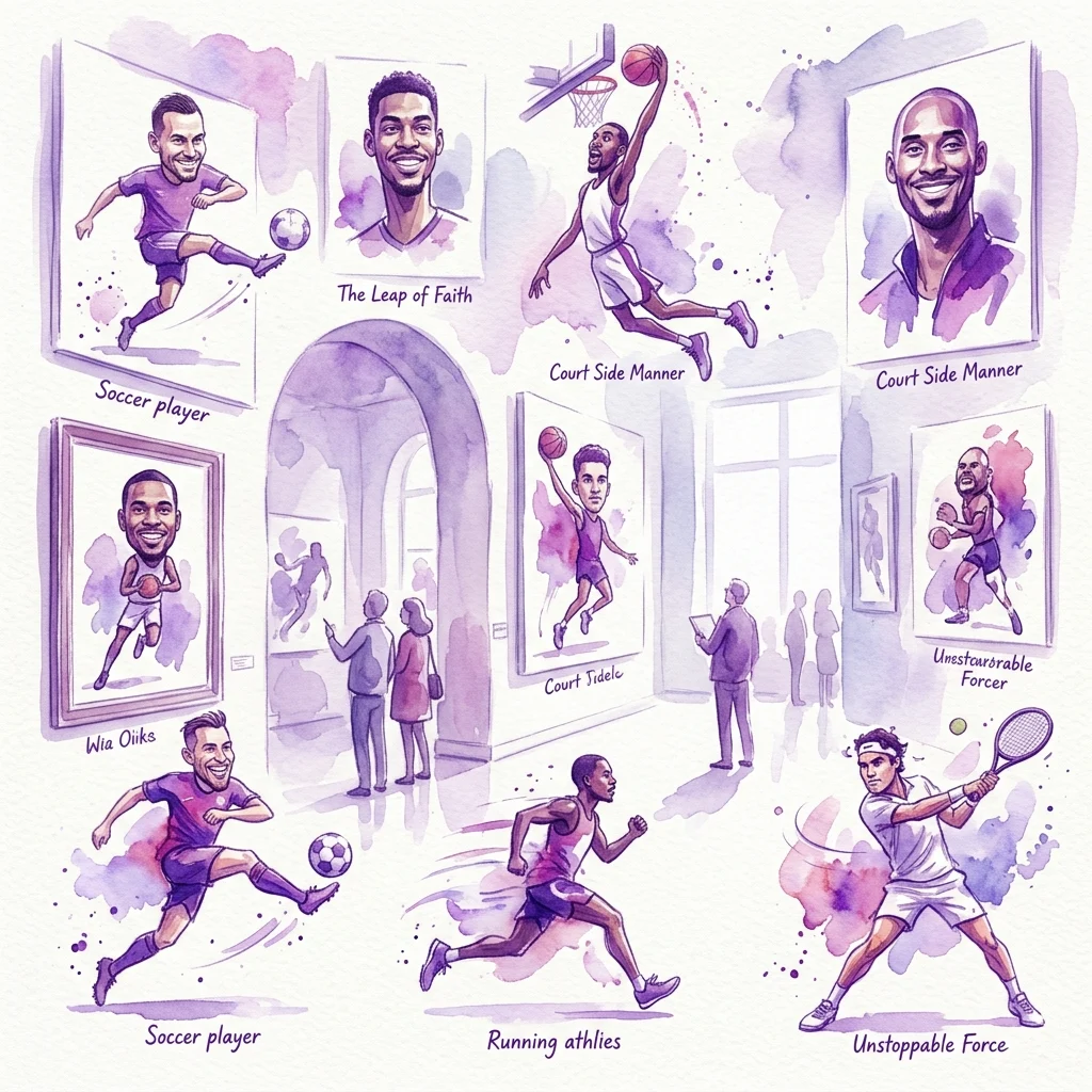 A watercolor illustration of an art exhibition featuring caricatures of athletes, including soccer players, basketball players, and tennis players, displayed in a gallery with visitors observing the artwork.