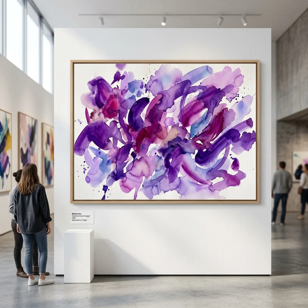 A vibrant abstract watercolor painting by Maria Anto, featuring bold purple and blue brushstrokes, displayed in a modern gallery setting as part of her exhibition at Zachęcie.