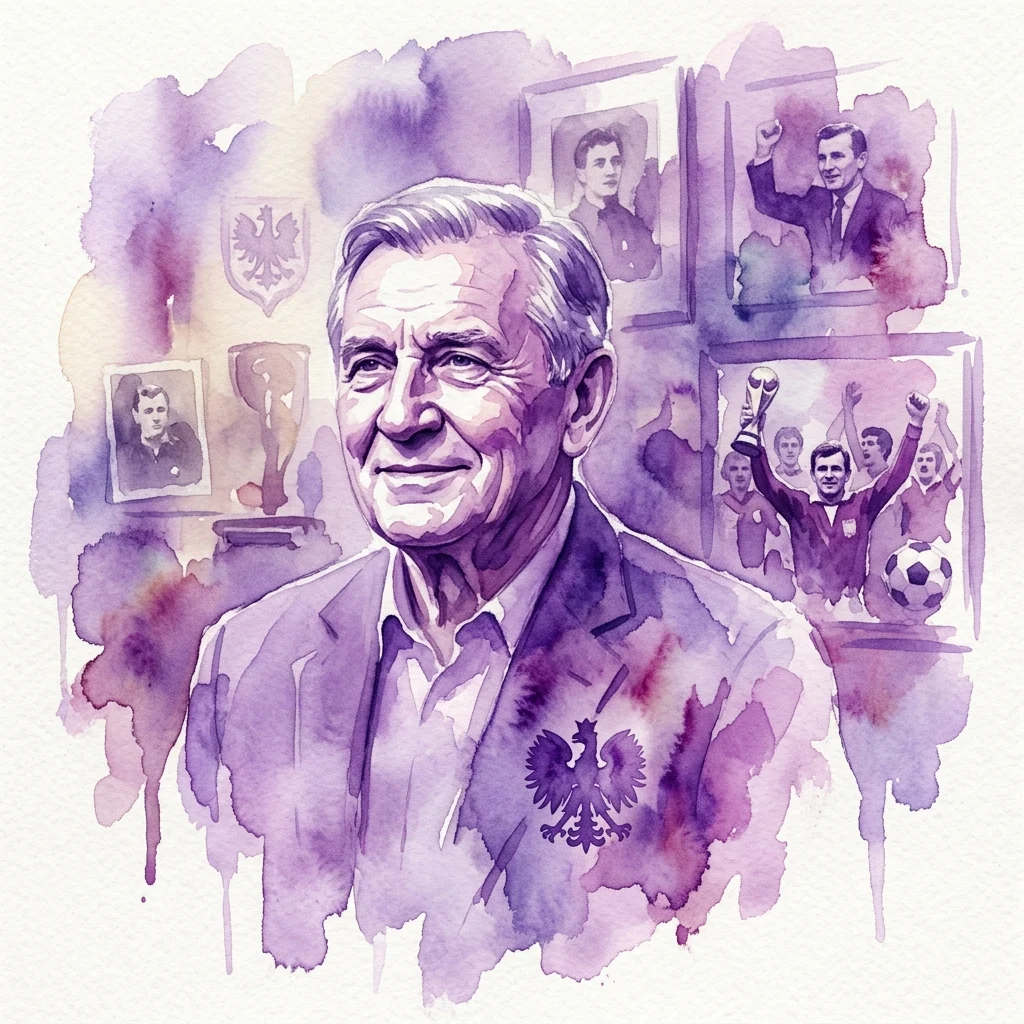Watercolor illustration of Kazimierz Górski, a Polish football legend, surrounded by archival photos, trophies, and the Polish eagle emblem, commemorating his legacy in football.