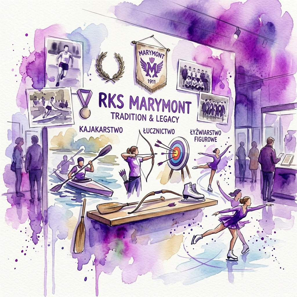Illustration of the RKS Marymont exhibition showcasing kayaking, archery, and figure skating, with historical photos, a club banner, and medals, highlighting the club's tradition and legacy.