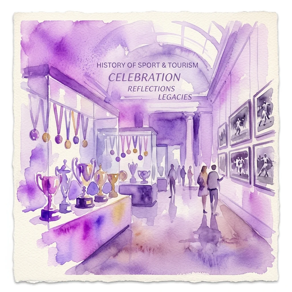 Waterverfillustratie van een museumgalerij met trofeeën, medailles en ingelijste foto's, die de tentoonstelling 'Podarowane... 2005-2017' in het Museum van Sport en Toerisme afbeelden.
