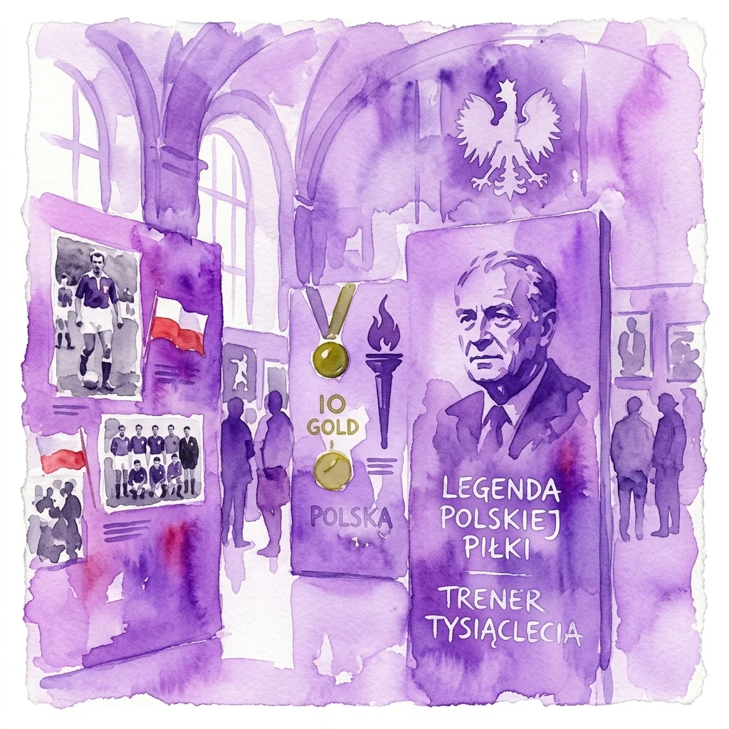 Waterverfillustratie van een tentoonstelling ter ere van Kazimierz Górski, met zijn portret, historische foto's, Poolse vlaggen, Olympische gouden medailles en de tekst 'Legende van het Poolse Voetbal, Coach van het Millennium' in een grote zaal met boogramen en een Pools adelaarembleem.