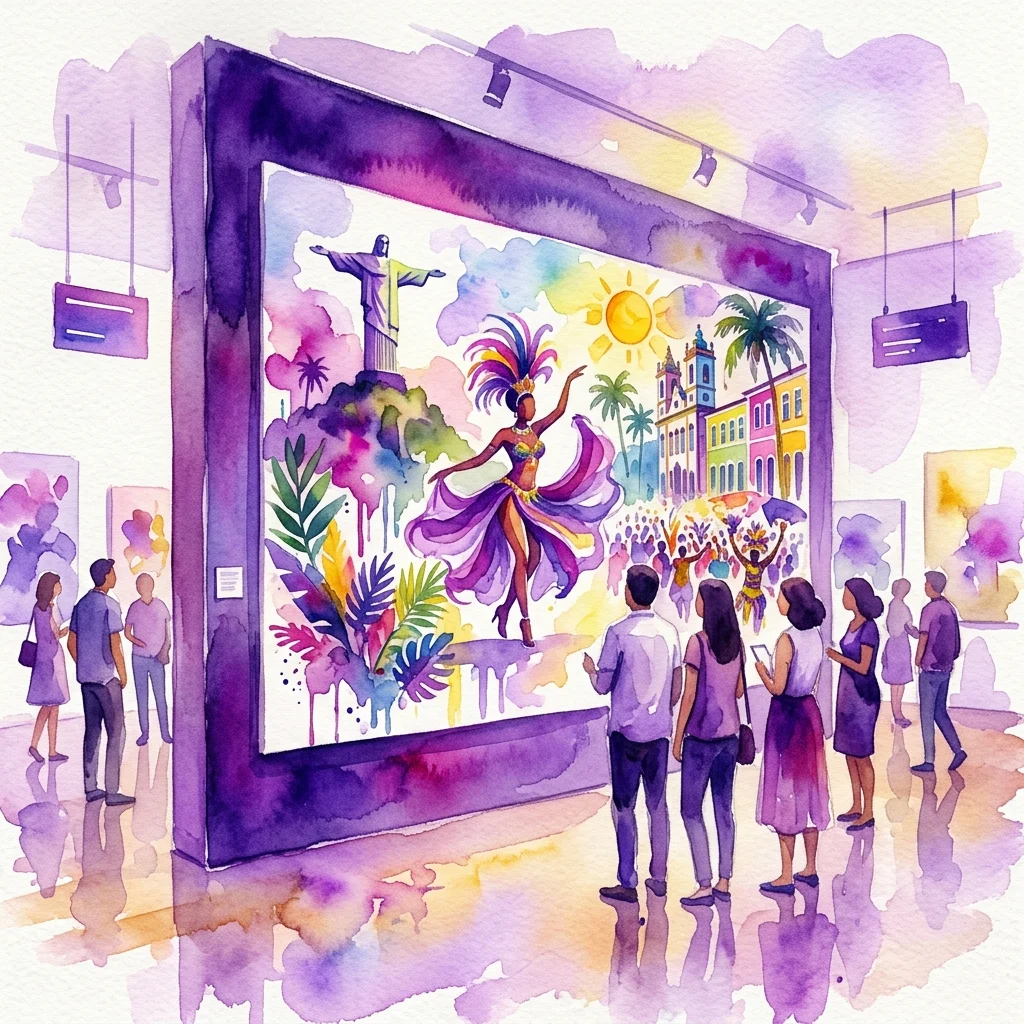 Los visitantes contemplan una vibrante obra de arte en acuarela que representa íconos culturales de Brasil, como el Cristo Redentor, una bailarina de samba y edificios coloridos, en un espacio de exposición.
