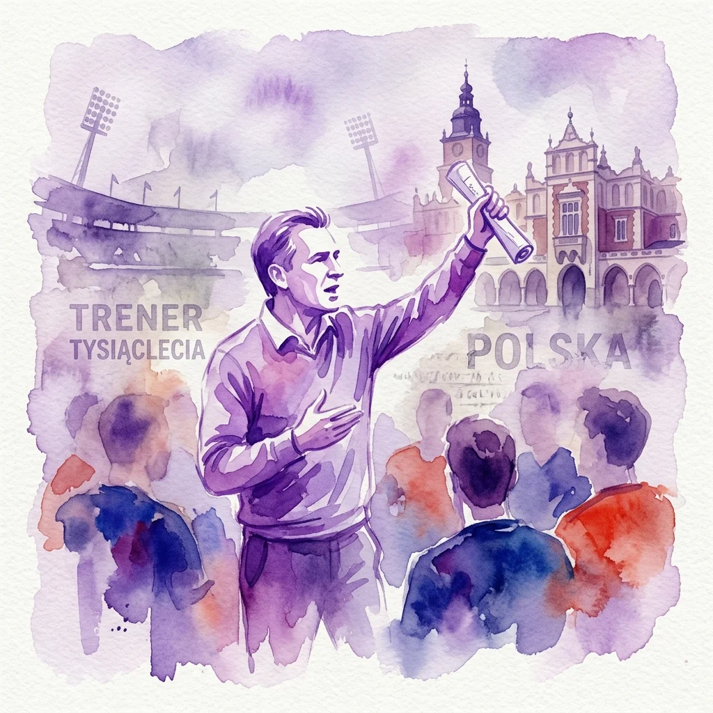 Ilustracja akwarelowa przedstawiająca trenera trzymającego zwój, z widokiem na stadion i zabytkowy budynek w tle, tekst 'TRENER TYSIĄCLECIA POLSKA'