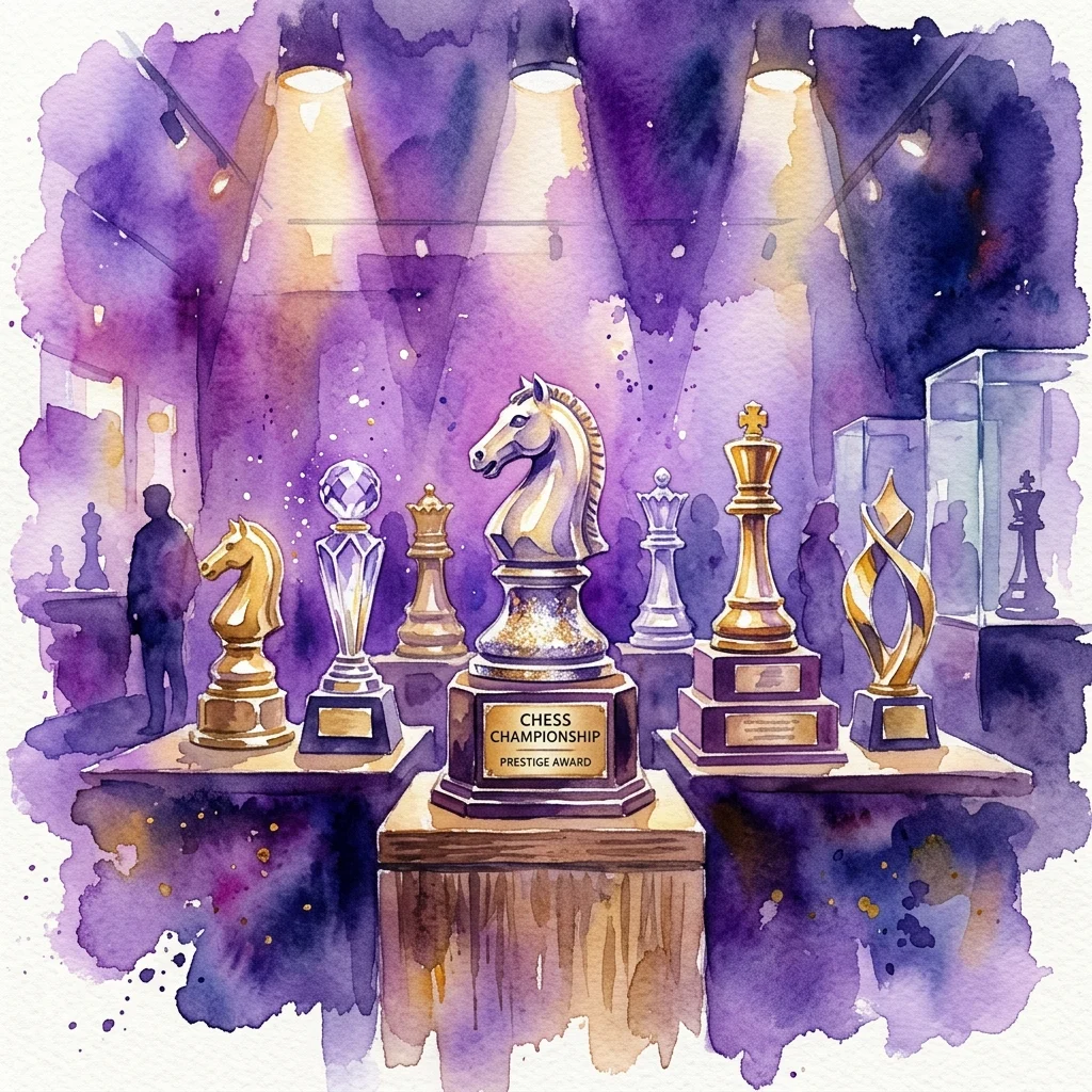 Een aquarelillustratie van schaaktrofeeën die worden tentoongesteld, waaronder een centrale ridder-trofee met het opschrift 'Chess Championship Prestige Award,' onder spotlights in een museumsetting.