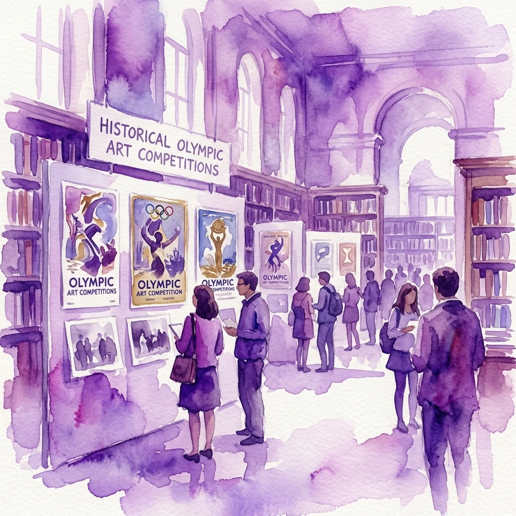 Ilustracja akwarelowa wystawy poświęconej historycznym konkursom artystycznym igrzysk olimpijskich, prezentująca zabytkowe plakaty i archiwalne zdjęcia wystawione w bibliotece uniwersyteckiej z obserwującymi ją odwiedzającymi.