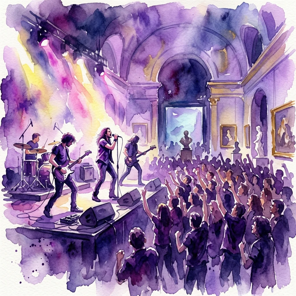 Een aquarelillustratie van The Black Horsemen die live rockmuziek spelen op het podium in het Museum van Sport en Toerisme, met een energiek publiek en schijnwerpers in een galerijsetting.