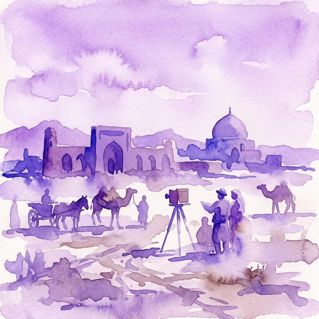 Una ilustración en acuarela de un paisaje centroasiático del siglo XIX con arquitectura tradicional, camellos y un fotógrafo con una cámara vintage, evocando la exploración y documentación de la región por Leon Barszczewski.
