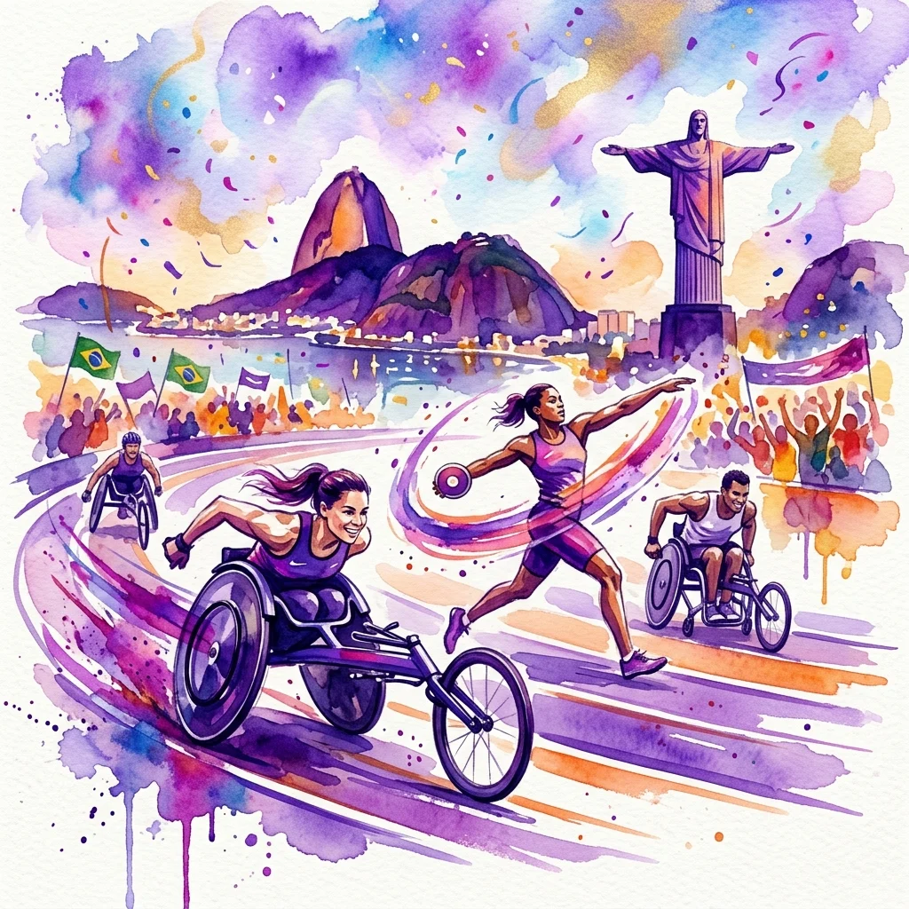 Waterverfillustratie van paralympische atleten in actie, waaronder rolstoelracen en kogelstoten, met Christus de Verlosser en de Suikerbroodberg op de achtergrond, ter ere van de Paralympische Spelen van Rio 2016.