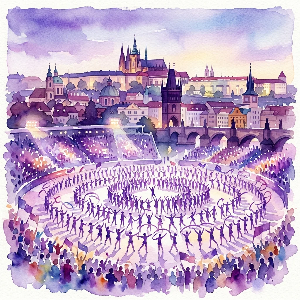 Ilustración en acuarela del XVI mitin Wszechsokoli en Praga, 2018, que muestra actuaciones de gimnasia sincronizada en una gran arena al aire libre con la arquitectura histórica de Praga de fondo.
