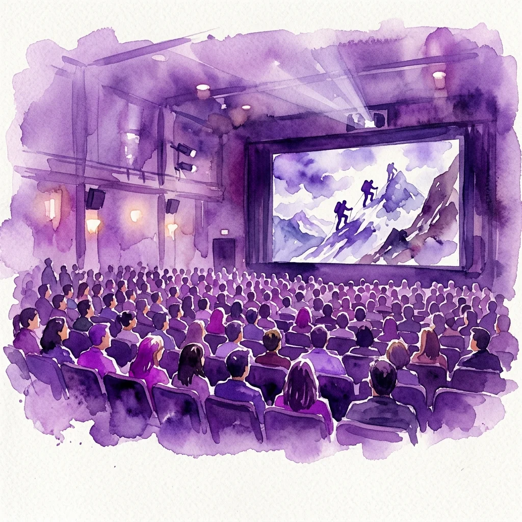 A watercolor illustration of a packed cinema audience watching a mountaineering film on screen, with climbers depicted on a snowy peak, evoking the atmosphere of the XX Przegląd Filmów Alpinistycznych im. Wandy Rutkiewicz.
