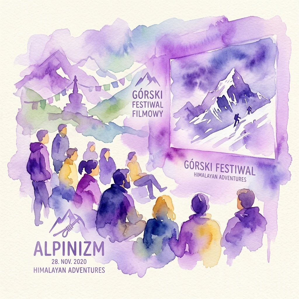 Waterverfillustratie van een publiek van een bergfilmfestival dat kijkt naar een scherm waarop een klimmer op een Hymalayagebergte te zien is, met de tekst 'Górski Festiwal Filmowy', 'Alpinizm' en 'Himalayan Adventures'.