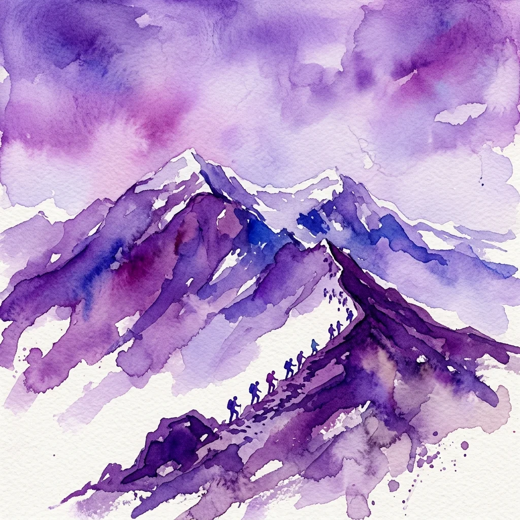 Een aquarel van klimmers die een besneeuwde bergkam beklimmen onder een paarse en blauwe hemel, wat avontuur en alpiene exploratie oproept.