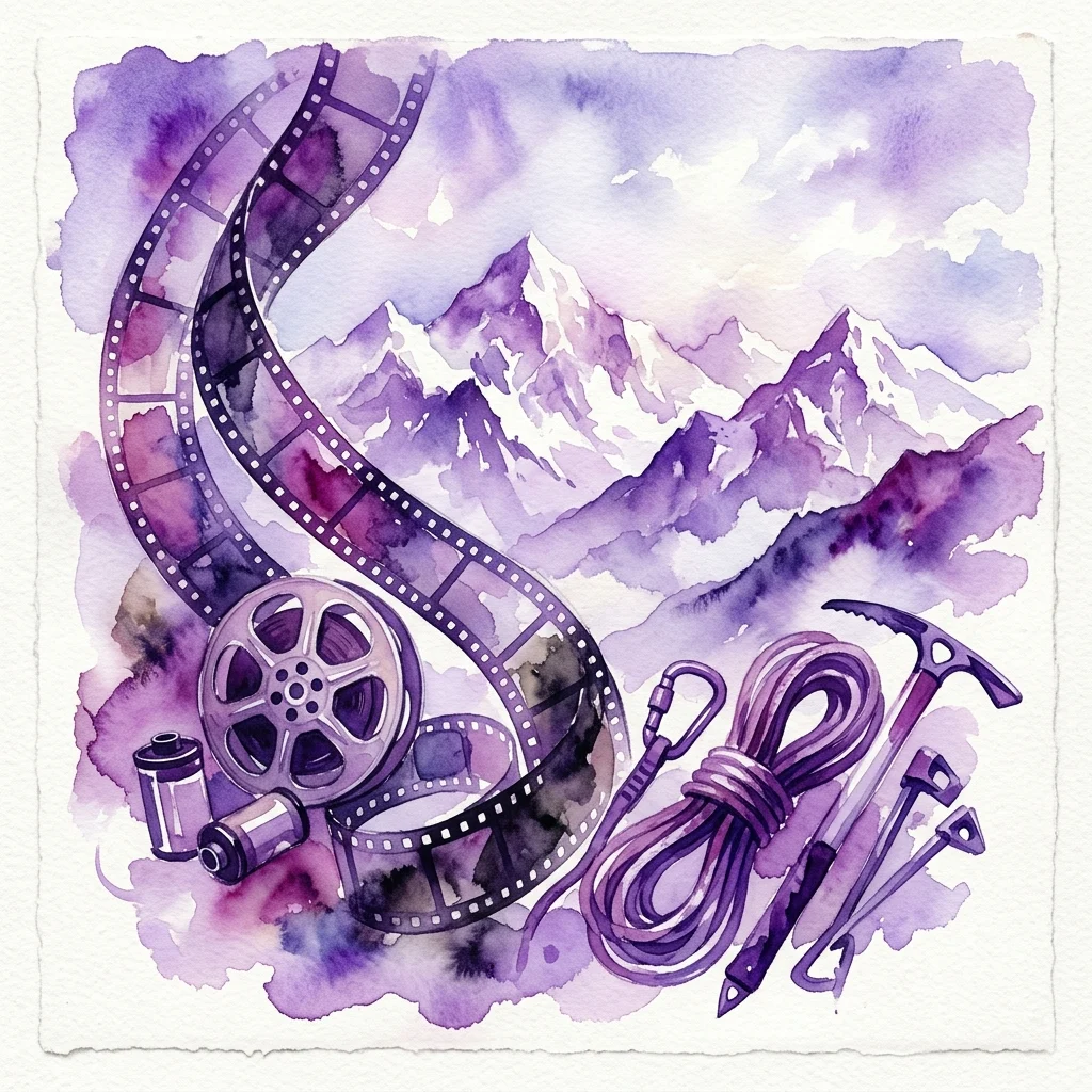 A watercolor illustration of a film reel, film strip, climbing rope, ice axes, and a mountain backdrop, representing the XXIV Przegląd Filmów Alpinistycznych - Wanda, Jurek i góry.