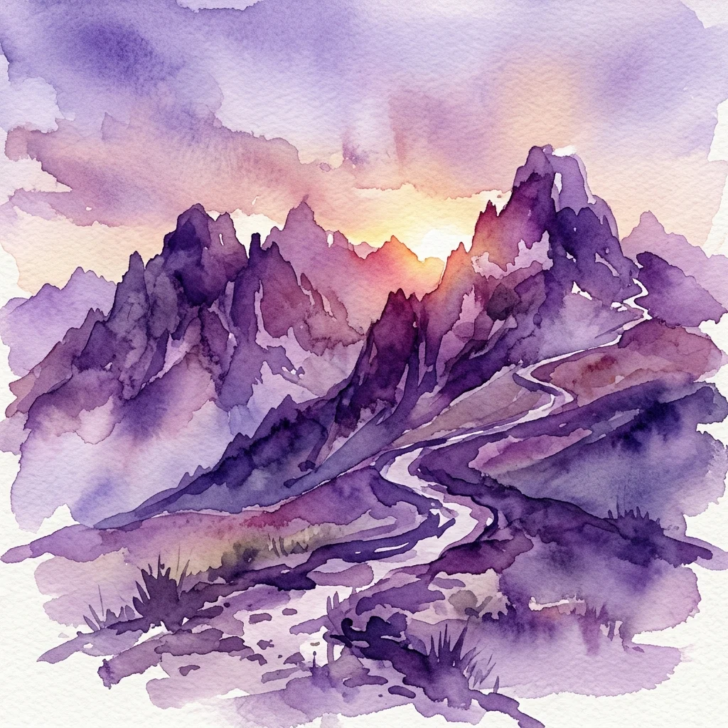 Una acuarela de escarpadas cumbres montañosas al amanecer, con un sendero sinuoso que conduce a la cima, evocando la aventura y la exploración alpina.