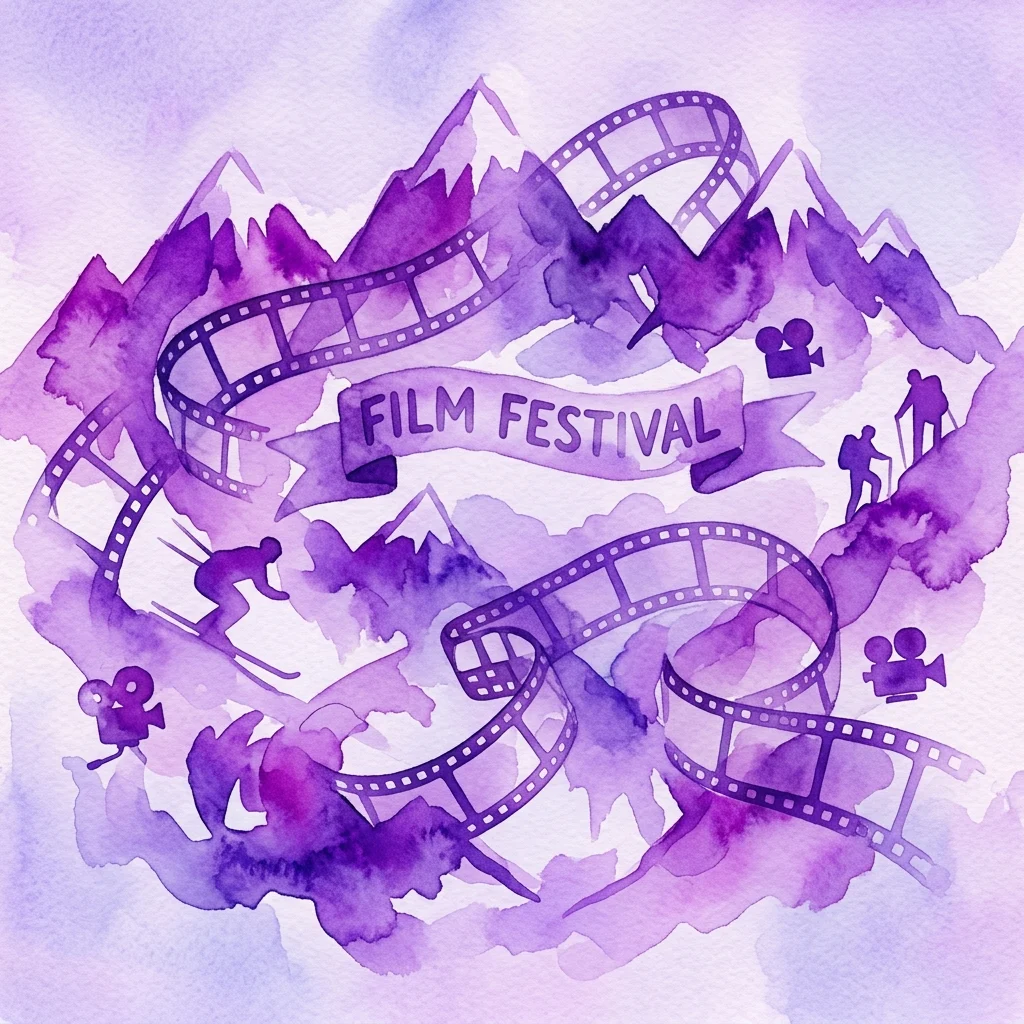 Paarse aquarelillustratie van een filmfestivalbanner met filmrollen, bergen en silhouetten van skiërs en wandelaars, die het XXX Festival van Sport- en Filmtourisme vertegenwoordigen, vernoemd naar Wanda Rutkiewicz.