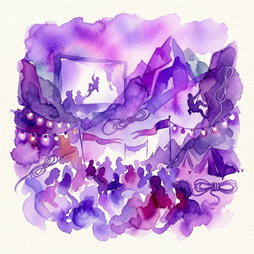 Una ilustración en acuarela del XXXI Festival de Cine Wanda Rutkiewicz, que presenta una pantalla de cine con la silueta de un escalador, picos de montaña, cuerdas de escalada y una audiencia bajo luces de cadena, todo en tonos púrpuras.