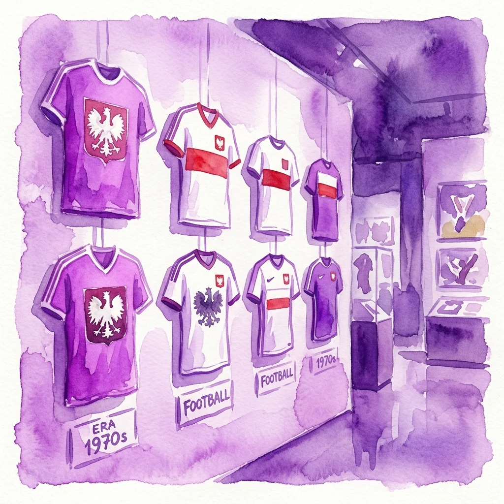 Ilustración en acuarela de camisetas deportivas polacas de la era de los 70, con el emblema del águila nacional, expuestas en una exhibición de museo con etiquetas.