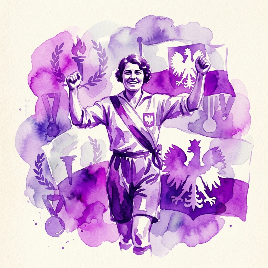 A watercolor illustration of Halina Konopacka, a Polish athlete, celebrating with a raised fist, holding an Olympic torch and laurel wreath, surrounded by Polish eagles, medals, and Olympic symbols.
