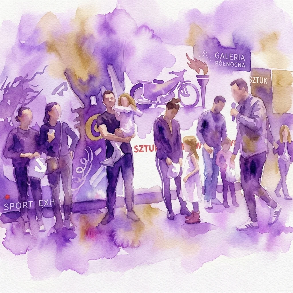Ilustracja akwarelowa przedstawiająca odwiedzających podczas wydarzenia Noc Muzeów w Galerii Północnej, z ekspozycją motocykla żużlowego i znicza olimpijskiego oraz widocznym napisem 'Sport Exh'.
