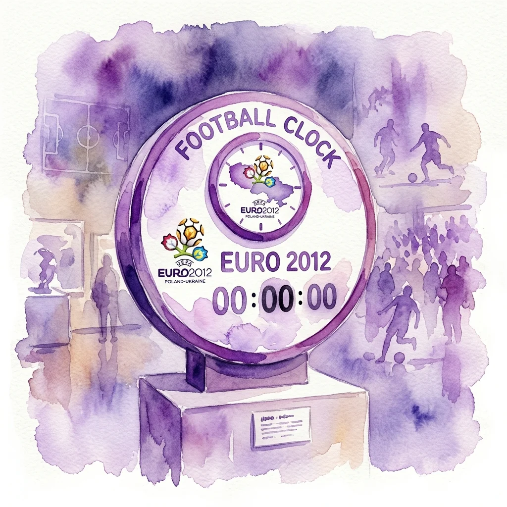 Ilustracja akwarelowa Zegara Euro 2012, pokazująca odliczanie do zera, wyeksponowana w muzealnej scenerii z piłkarskimi sylwetkami w tle.