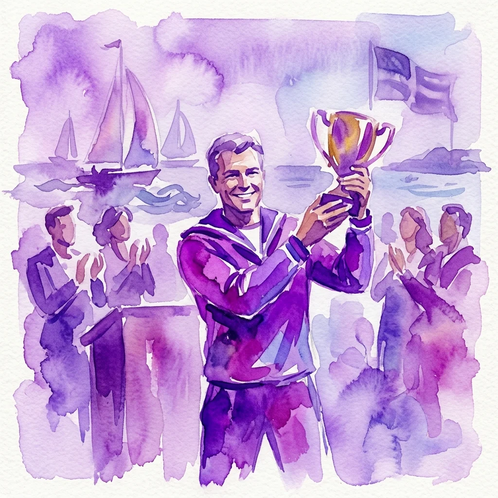 Ilustracja akwarelowa przedstawiająca żeglarza w fioletowym mundurze trzymającego trofeum, świętującego na ceremonii wręczenia nagród Żeglarz Roku 2012 z widzami i żaglówkami w tle.