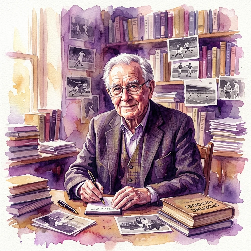 A watercolor portrait of Bogdan Tuszyński, a renowned Polish sports journalist and historian, writing at a desk surrounded by books and archival sports photographs.