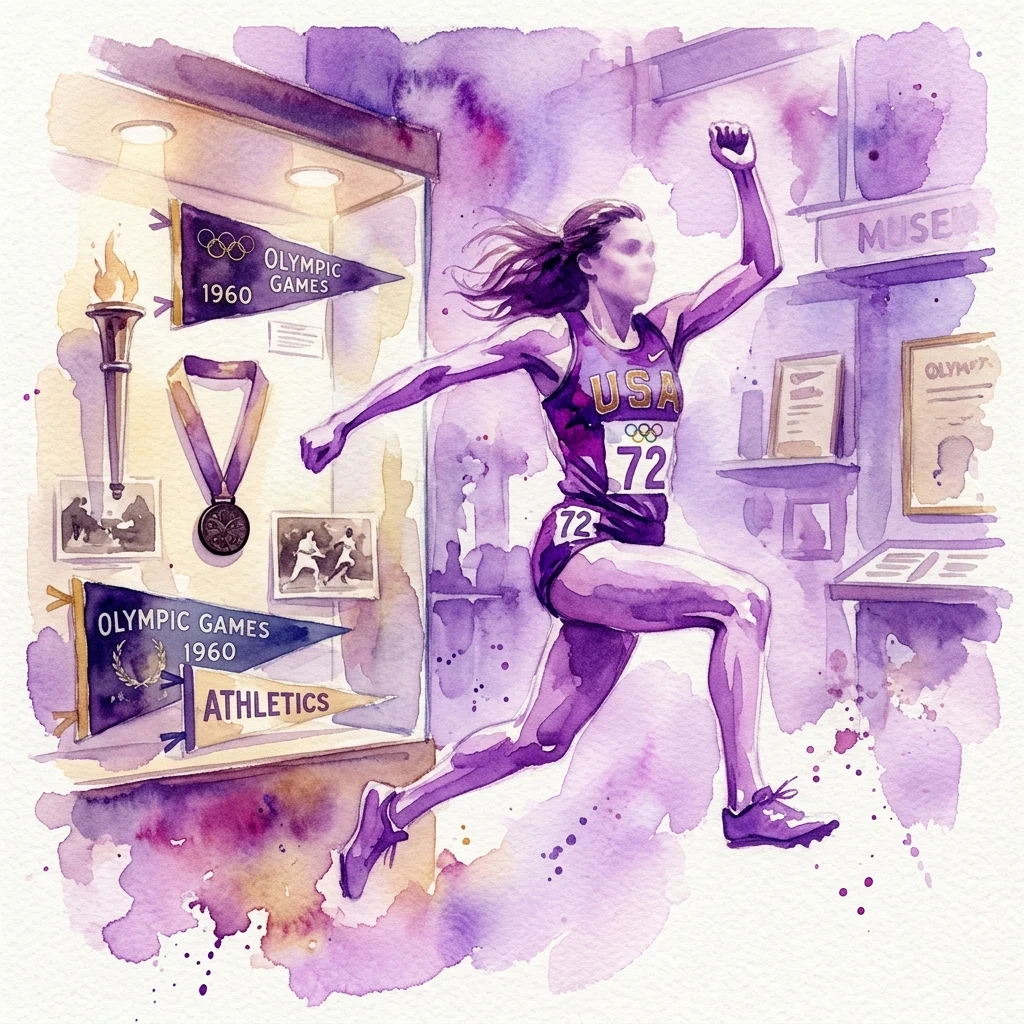 Aquarelillustratie van een vrouwelijke atlete in een USA-uniform, midden in een sprong, omringd door Olympische memorabilia, waaronder wimpels van de Olympische Spelen van 1960, een fakkel en medailles, tentoongesteld in een museumsetting.