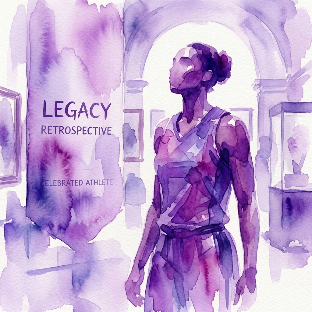 Una ilustración en acuarela púrpura de una atleta en un entorno de museo, con el texto 'LEGACY RETROSPECTIVE' y 'CELEBRATED ATHLETE', conmemorando la carrera de Irena Szewińska.