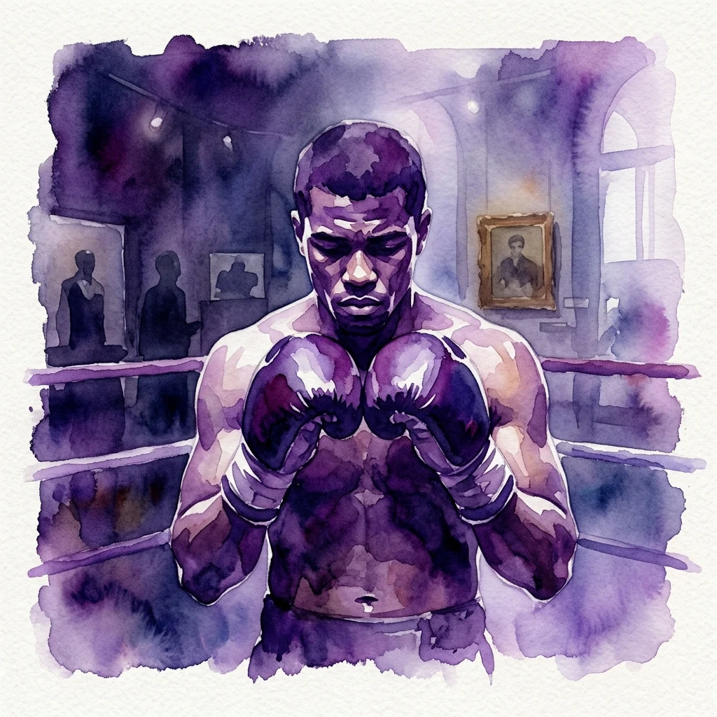 Una ilustración en acuarela de un boxeador en un ring, con retratos enmarcados e iluminación de museo al fondo, conmemorando a Jan Szczepański en el Museo de Deporte y Turismo de Varsovia.