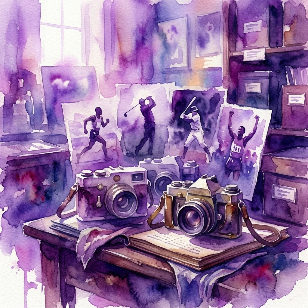 Una ilustración en acuarela de cámaras antiguas y fotografías deportivas sobre una mesa, evocando un homenaje conmemorativo a los fotógrafos Mieczysław Świderski y Eugeniusz Warmiński en el Museo de Deporte y Turismo de Varsovia.
