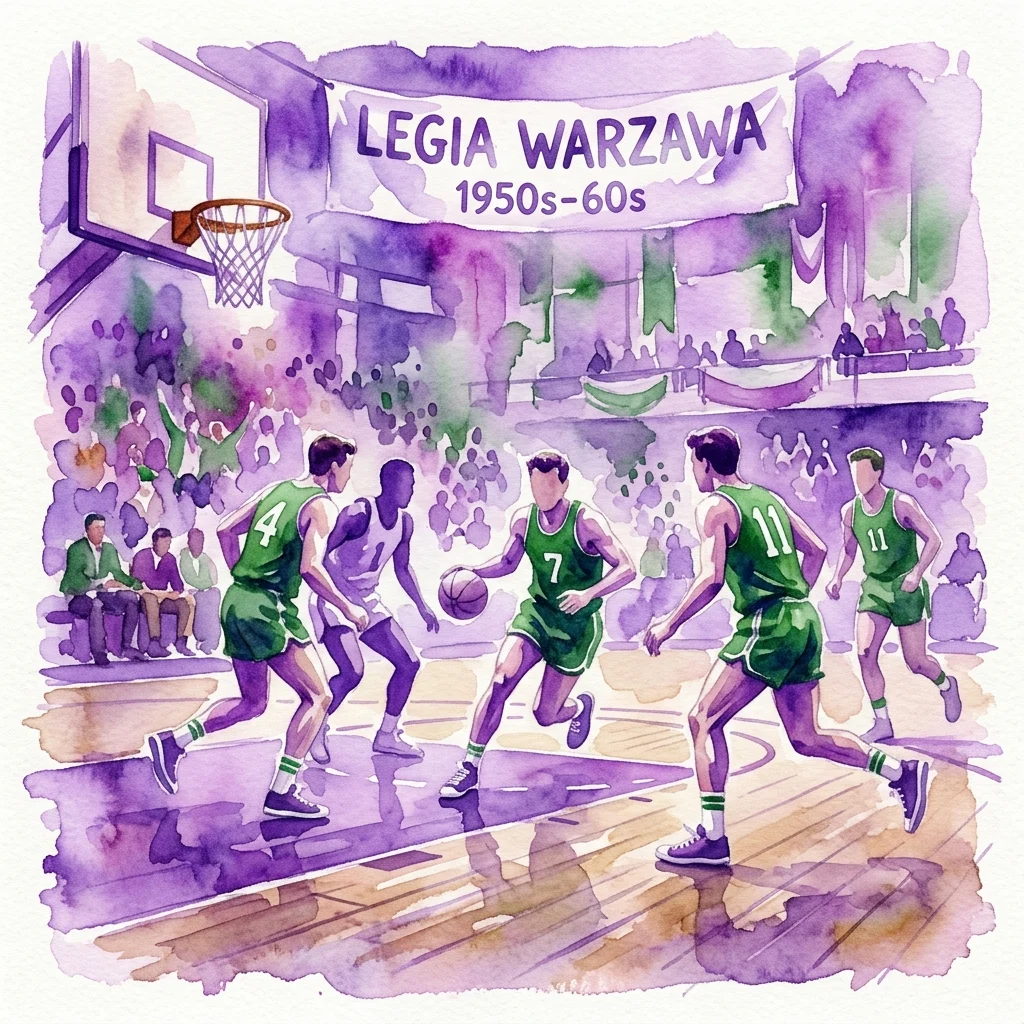Watercolor illustration of a vintage basketball game featuring players in green Legia Warsaw uniforms from the 1950s-60s, with a banner reading 'LEGIA WARSAWA 1950s-60s' and a crowd in the background.