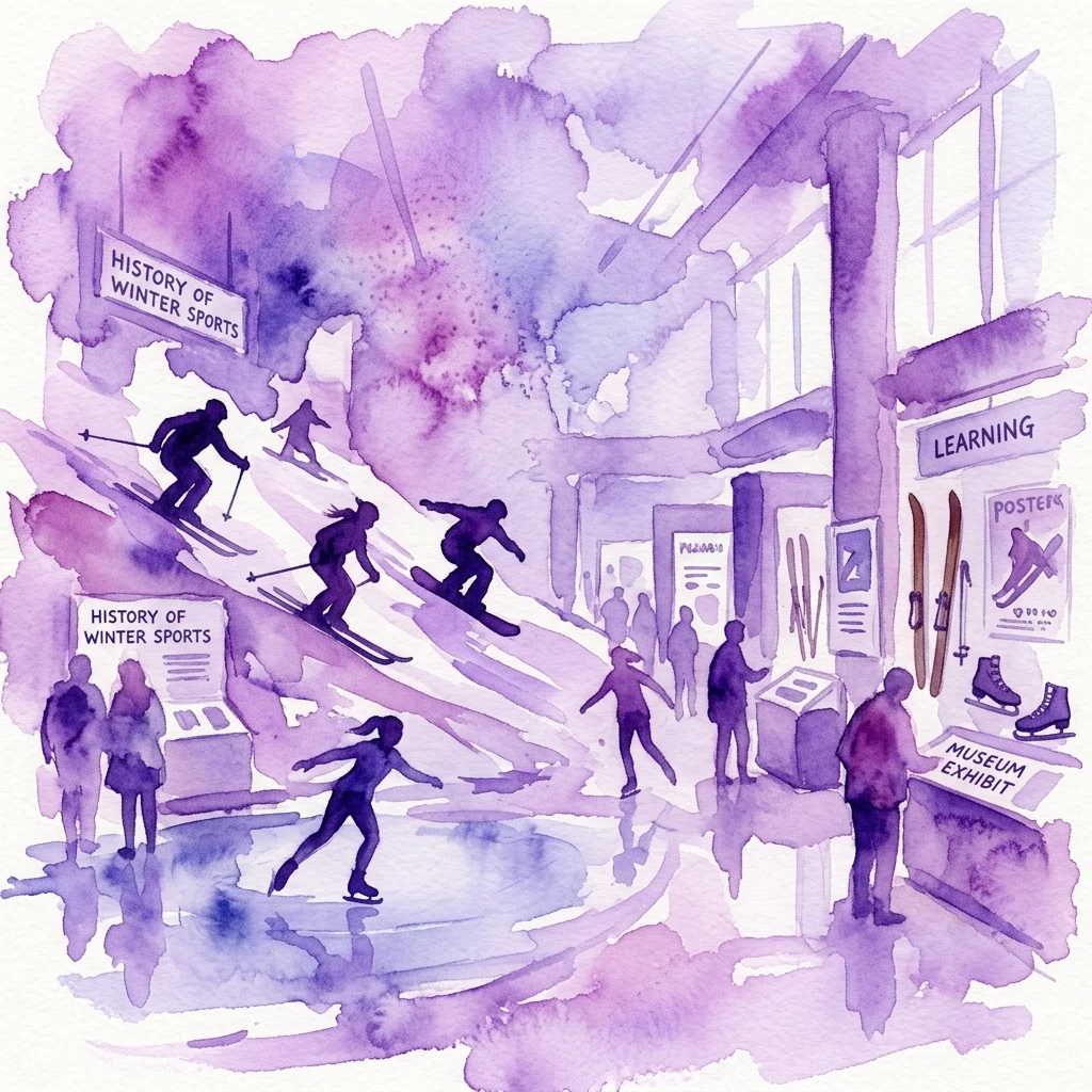 Een aquarelillustratie van een museumexpositie over wintersport, met silhouetten van skiërs, snowboarders en kunstschaatsers, met borden met de tekst 'Geschiedenis van de Wintersport' en 'Leren' in een paars getinte omgeving.