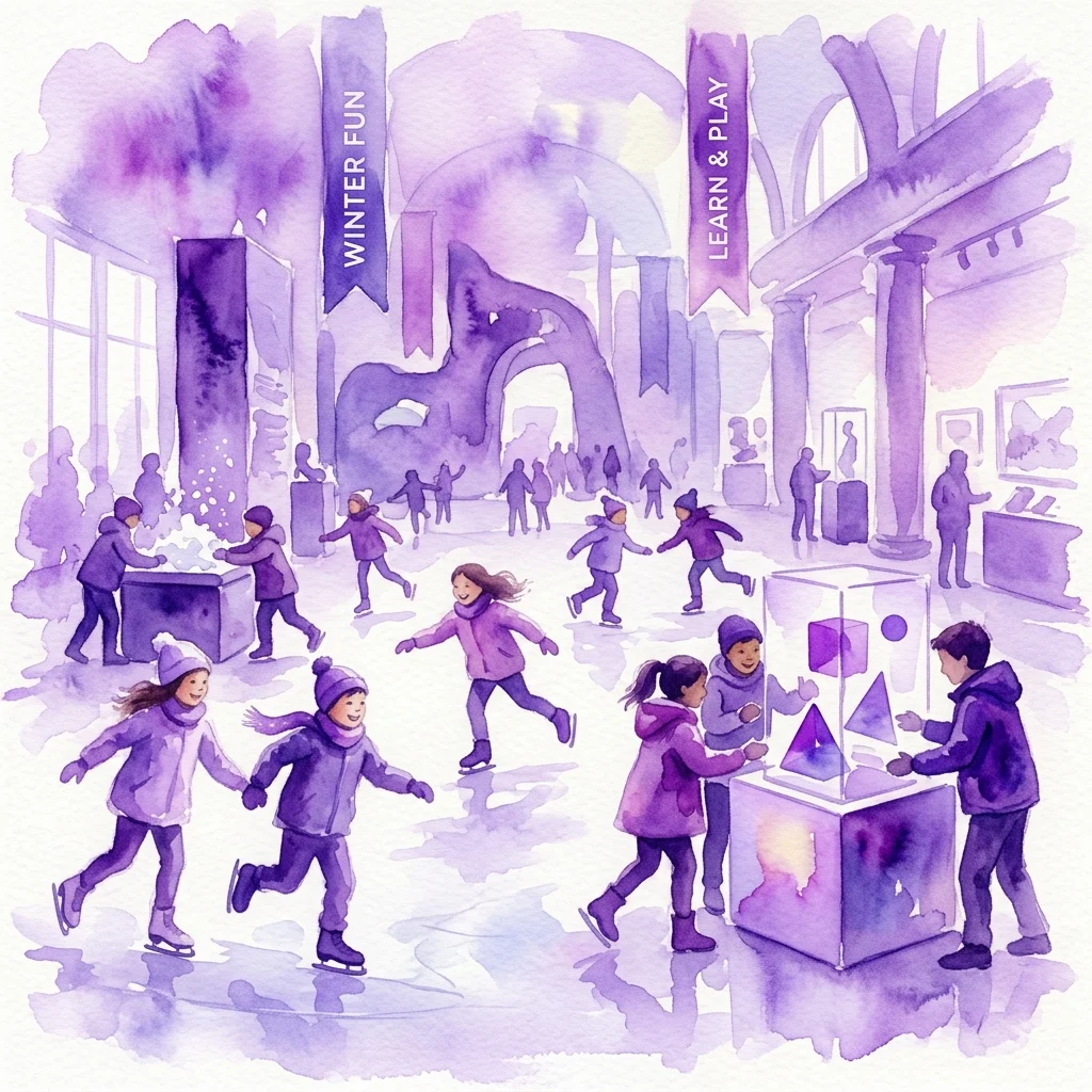 Kinderen en jongeren schaatsen en interageren met tentoonstellingen in een museum, onderdeel van de 'Zima w Mieście 2018' tentoonstelling in het Museum van Sport en Toerisme in Warschau.