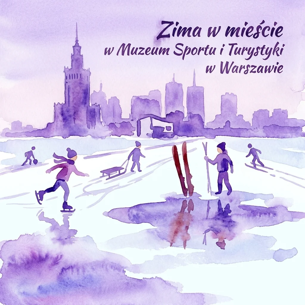 Ilustracja akwarelowa przedstawiająca dzieci i młodzież cieszących się zimowymi aktywnościami, takimi jak jazda na łyżwach i sankach, na ośnieżonym miejskim krajobrazie, z widocznym w tle Muzeum Sportu i Turystyki w Warszawie.
